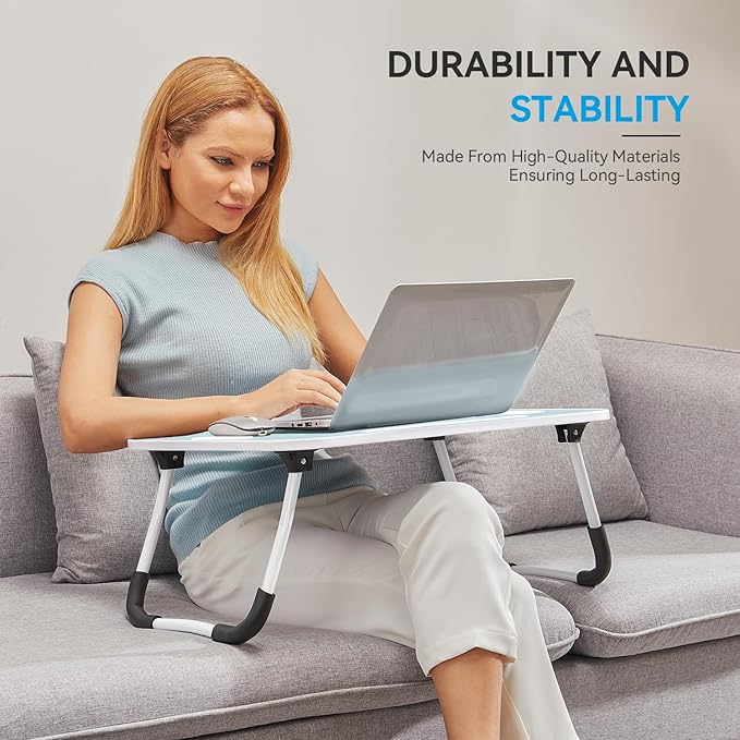 BUYIFY Folding Lap Desk, 23 Inch Portable Wood Blue Laptop Bed Desk Lap Desk with Cup Holder, for Working Reading Writing, Eating, Watching Movies for Bed Sofa Couch Floor- new005 Blue