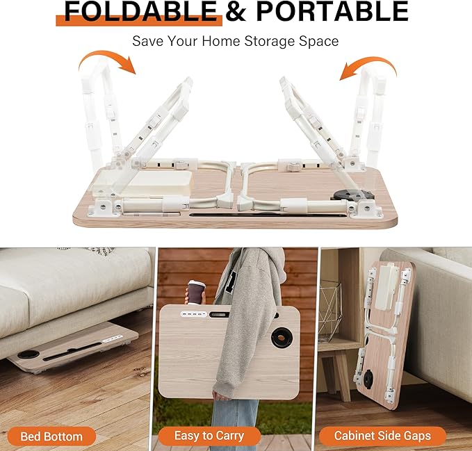 DECOSIS Laptop Desk for Bed Height Adjustable, Lap Bed Table with USB/Storage Drawer/Cup Holder/Tablet Stand/Book Shelf, Foldable Breakfast Tray Portable for Reading Writing, Sofa & Floor, Glacier