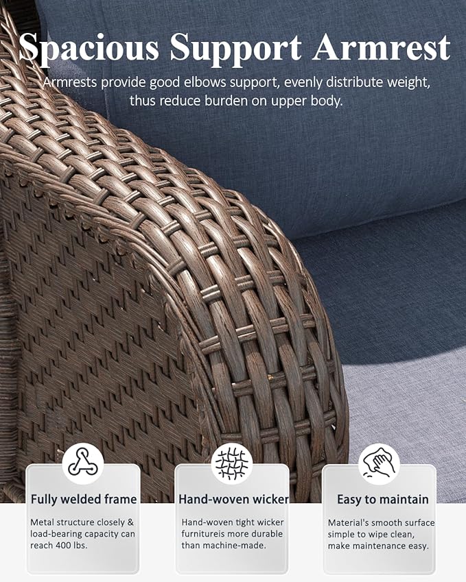 LayinSun 5 Piece Wicker Outdoor Furniture Set with 6-inch Comfy Cushions, High Back Patio Furniture Set with Swivel Rocking Chairs and Fire Pit Table
