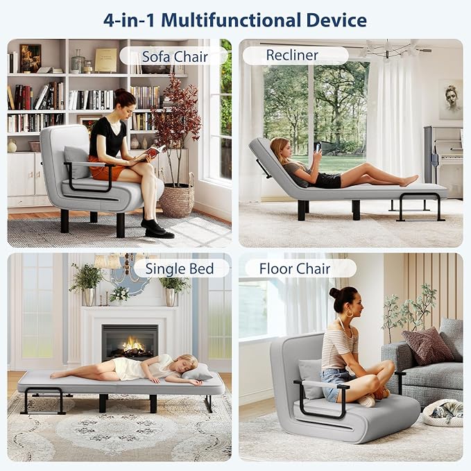 Furniliving 4 in 1 Folding Sofa Bed Chair, Convertible Sleeper Chair Bed with 6-Position Adjustable Backrest, Upholstered Chaise Lounge with Pillow, Accent Chairs for Bedroom, Linen, LightGrey, 2