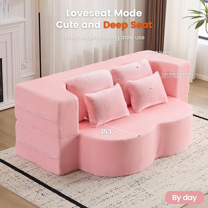 Orynveela Convertible Folding Sofa Bed, 78” Full Size Floor Sleeper Couch, Chenille Full Foam Futon Loveseat for Living Room Bedroom, No Assembly Required (Pink)