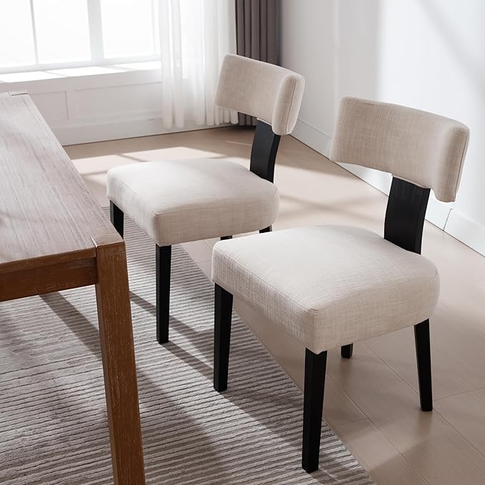 RIVOVA Linen Dining Chairs Set of 2 Modern Dining Chair with Black Wood Legs, Upholstered Dining Chairs for Dining Room, Kitchen, Vanity, Living Room, Beige