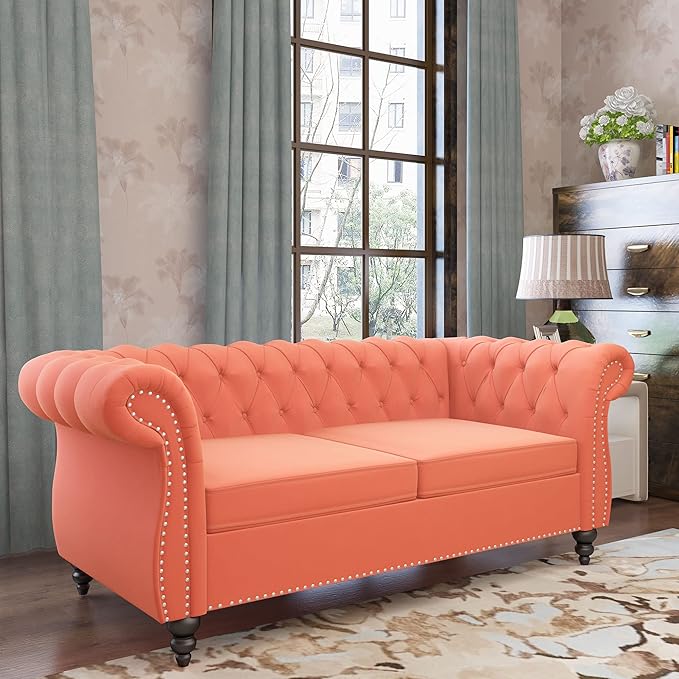 QHITTY Accent Sofa, Chesterfield Loveseat Modern Velvet Couch Upholstered Sofa with Tufted Back for Living Room Furniture (Orange)