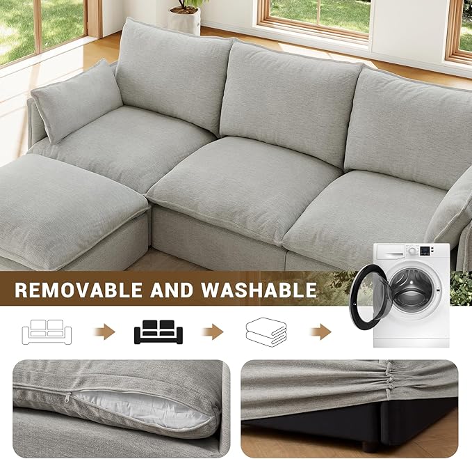 Forest aesthetics 94.5" L Shape Cloud Modular Sectional,4 Seater Waterproof High Backrest Sectional Sofas,Down Filled Modular Couch with Removable Washable Cover for Living Room,Light Gray