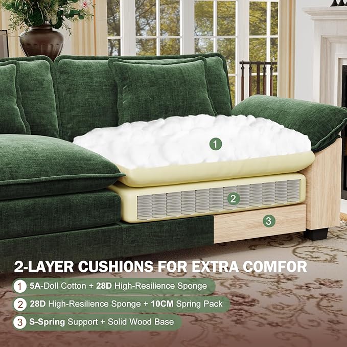 CDCASA 120" Oversized Modular Sectional Sofa, Comfy U-Shaped Cloud Couch w/ 2 Movable Ottoman, 5-Seater Chenille Deep Seat Modern Sofa Couch for Living Room, DIY Combination,Green