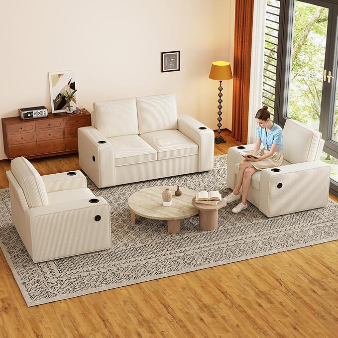 Furnimart 4-Seater Sectional Sofa and Couch Set Corduroy, Loveseat & 2PC Chairs with USB Charger and Cup Holder, Small Living Room Furniture Set for Apartment, Tiny Homes and Lofts, 3PC-Beige