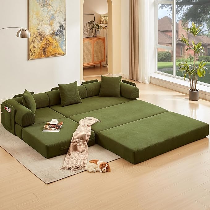 L Shaped Convertible Modular Sofa Bed with Cylindrical Pillow & Reversible Chaise, Corduroy Folding Floor Sofa Couch Bed with Fixed-Shape Frame & Storage Pocket for Living Room, Green