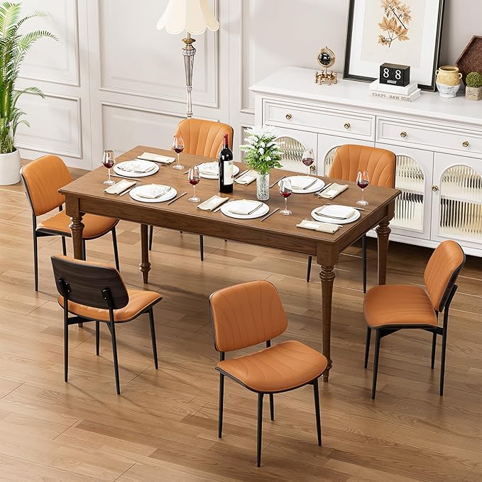 YaFiti Dining Chairs Set of 6, Mid Century Modern Dining Room and Kitchen Chairs, Upholstered PU Leather Chairs with Walnut Bentwood and Metal Legs, Orange