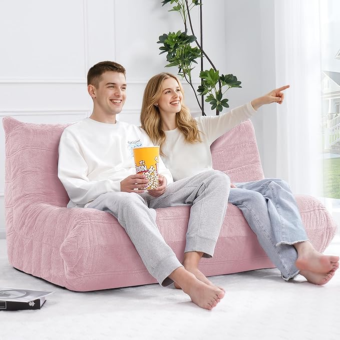 Bean Bag Loveseat Chair Big Sofa Beanbag Chair for Adults Fireside Chair Bean Bag Lounger with Memory Foam Filled for Home,Apartment or Gaming Venue（Pink Plush）