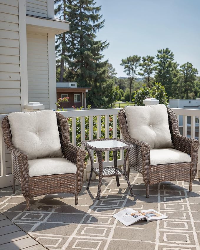 ACTREST 3 Piece Patio Brown Wicker Chairs with Side Table - Outdoor High Back Heavy Duty All-Weather Lawn Dining Rattan Chair Conversation Bistro Set for Deck Porch Balcony Backyard Garden - Beige