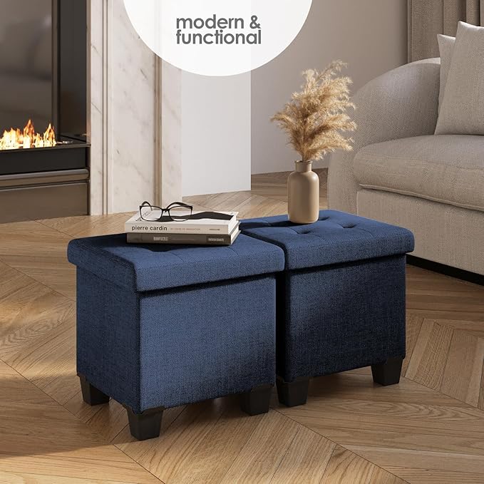 Storage Ottoman Cube with Small Bin, 16-in Square Ottoman with Storage for Living Room and Bedroom, Small Ottomans Foot Rest, Fabric Foot Stools Ottomans Max 330lbs, Blue