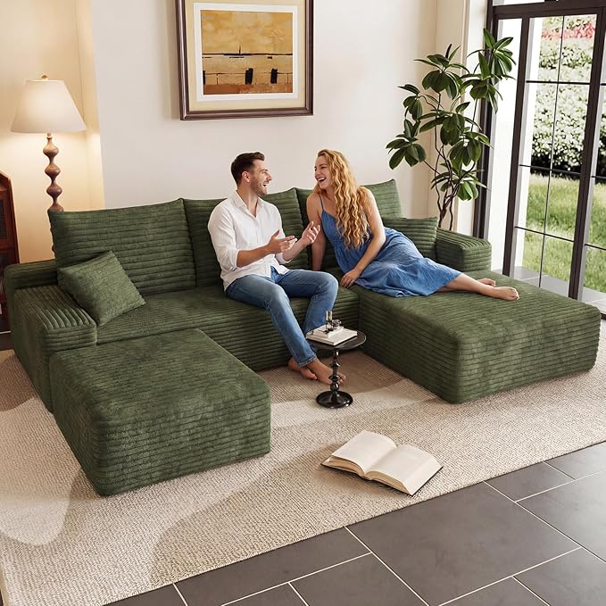 95" Cloud Sectional Couch with Ottoman,Modern U-Shaped Cloud Couch with Deep Seat,Comfy Corduroy 3-Seater Sofa,Memory Foam Sofa for Living Room,No Assembly (Green,Right-Facing Chaise)