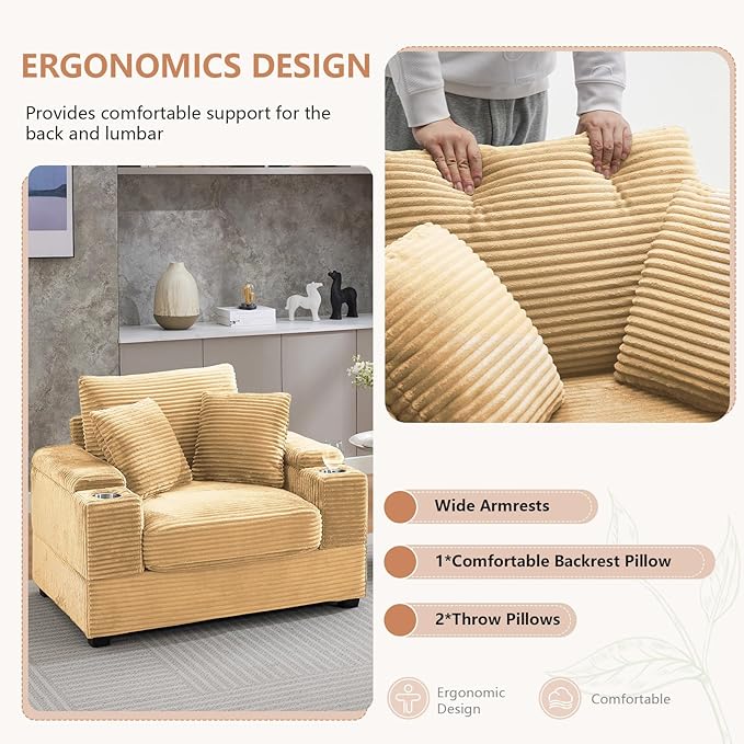 50" Oversized Indoor Chaise Lounge Chair with Ottoman & Storage, Reclining Sleeper Design, Comfy Deep Seat Corduroy Upholstered, Built-in Cup Holder, Ideal for Living Room, Bedroom, Yellow