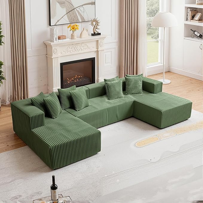 130'' U Shaped Couched for Living Room, Cloud Modular Sectional Couch with 2 Chaise Lounge, Modern Minimalist Upholstered Sofa Sleeper Deep Seat Corner Couch, No Assembly Required Green