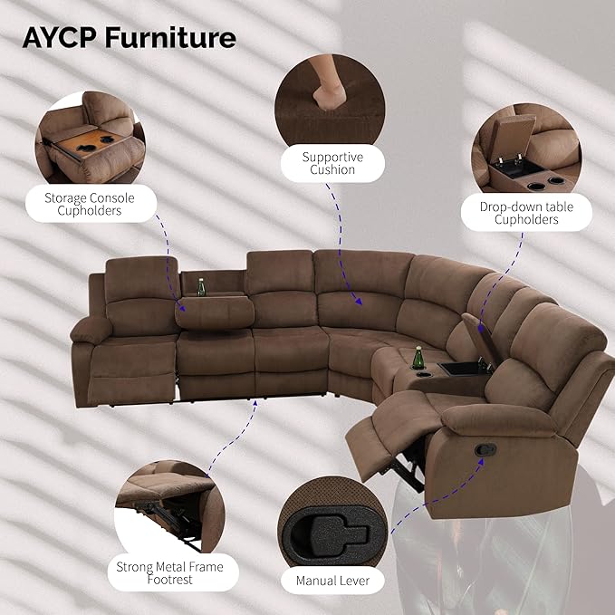 Manual Reclining Sofa Set with Drop-Down Table, Corduroy Sofa Sets, Living Room Furniture Sets, Modern Manual Recliner Sofa Sets with Storage Console for Living Room (Brown, Sectional)