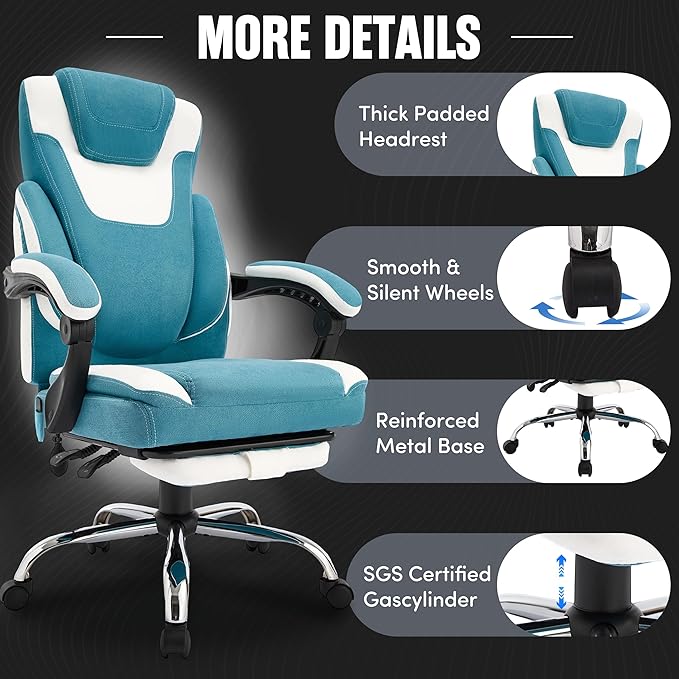 Massage Office Chair with Footrest,6-Point Vibration and Heat Executive Office Chairs,Ergonomic Desk Chair for Heavy People,500LBS Big and Tall Fabric Office Chair,Reclining Managerial Chair,Bluewhite