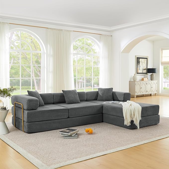 108" Convertible Sleeper Sofa Bed, Corduroy Folding Sofa Bed with Fixed-Shape Frame, Fold Out Floor Mattress Couch, Lazy Compression Sofas for Living Room, Bedroom, No Assembly Required,Grey