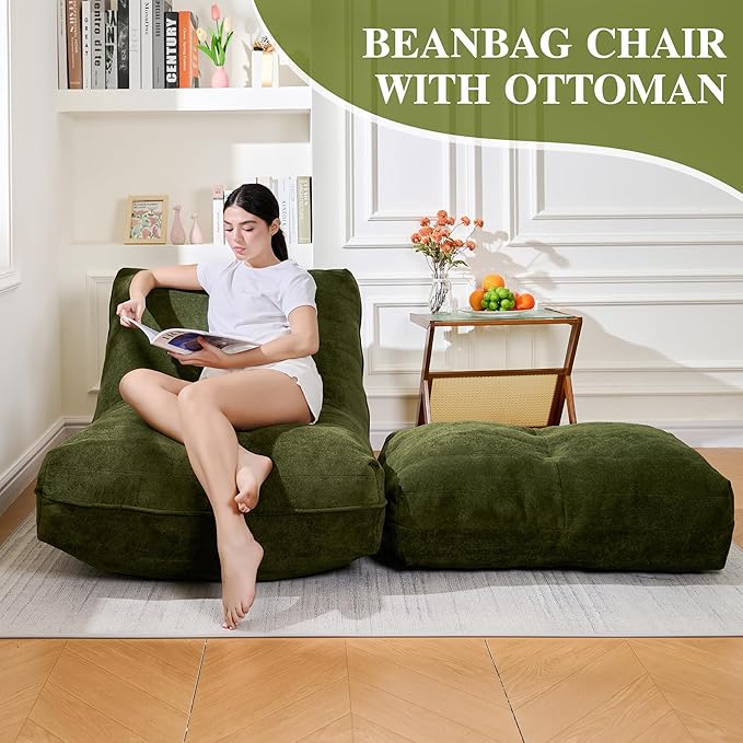 Cvortll Bean Bag Chair with Ottoman, Comfy Bean Bag Sofa with Memory Foam, Lazy BeanBag Sofa with Footstool, Fireside Bean Bag Couch for Living Room, Bedroom, Apartment (Green)