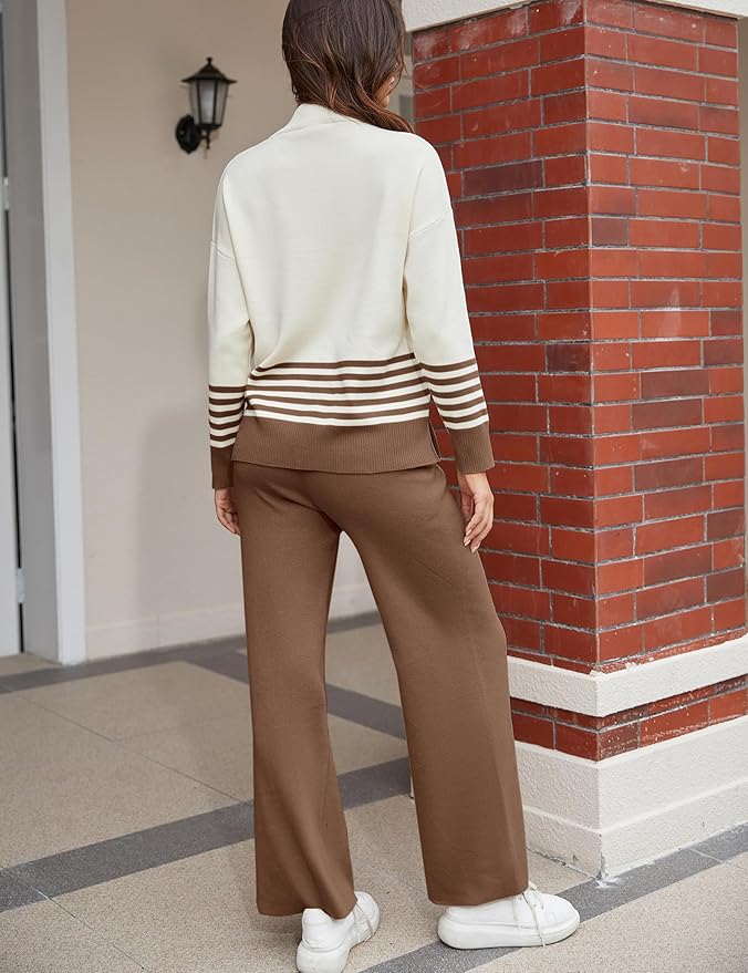 Tanming Women's Lounge Sets 2 Piece Outfits Knitted Pullover Sweater Tops Wide Leg Pants Tracksuit