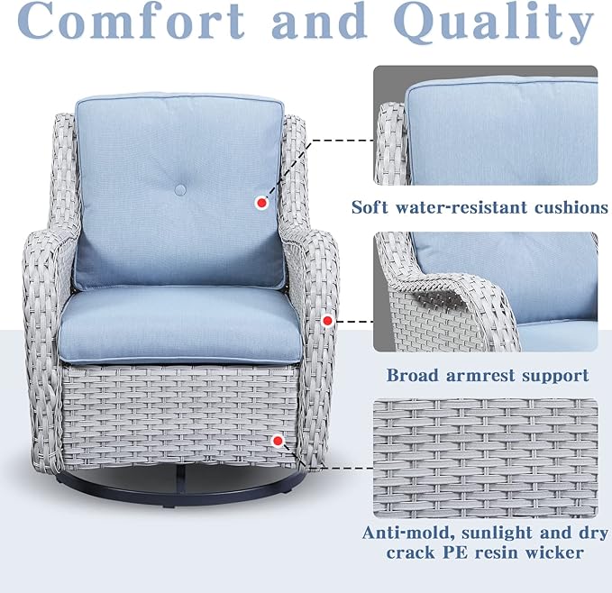 Belord 5 Piece Outdoor Patio Furniture Set - Wicker Furniture Patio Conversation Set, Outdoor Swivel Rocker Chairs with 3-Seater Sofa and 2 Ottomans for Small Space, Baby Blue Cushion