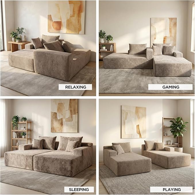 Sytopia Loveseat Chaise Lounge with Armrests, Oversized Sofa Bed with 4 Pillows, Cozy Boneless Sleeper, Modular Sectional Couch for Living Room Bedroom, Floor Chair Furniture sala Chenille