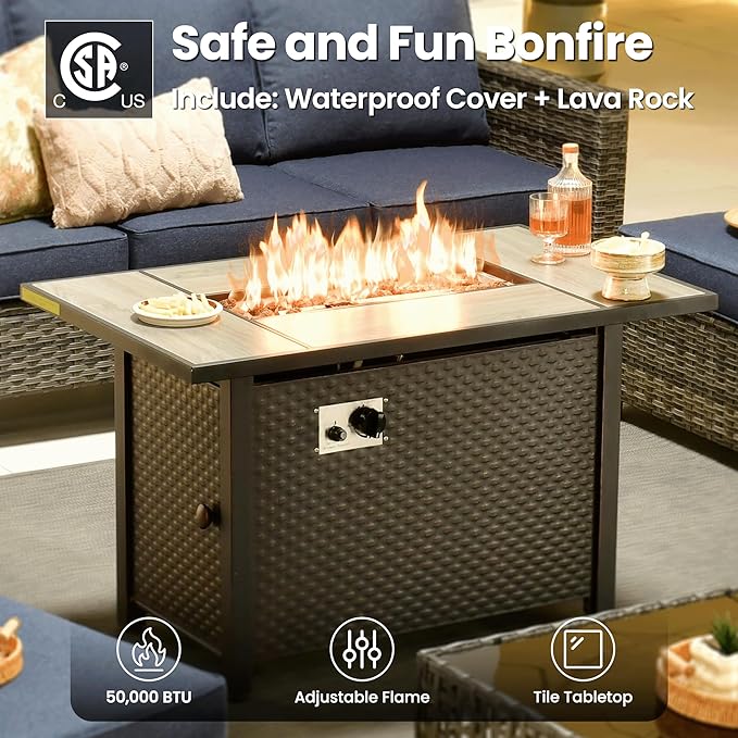 ovios 7 Pieces Patio Furniture Set, Outdoor Wicker Sofa Couch with Rocking Swivel Chairs Fire Pit Table, Modern Deep Seat Rattan Conversation Sets for Deck Porch, Denim Blue