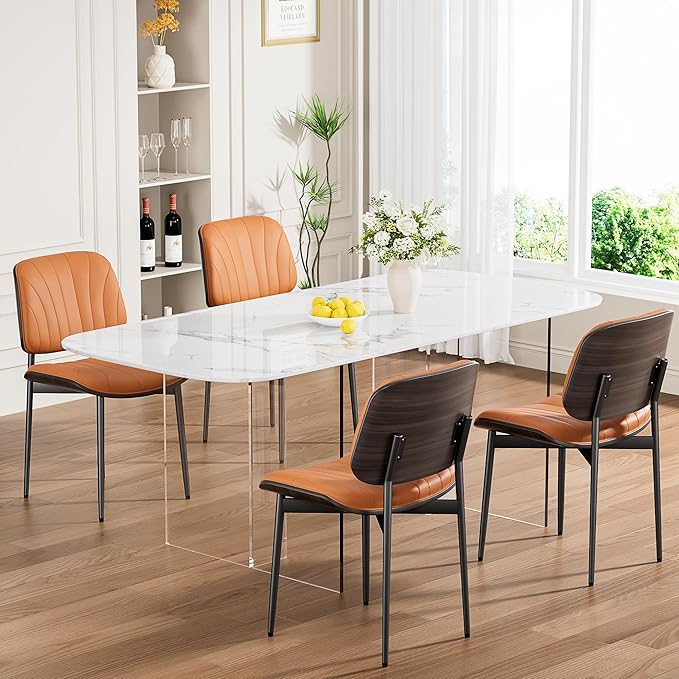 Dining Chairs Set of 2, Mid-Century Modern Upholstered PU Leather Chairs with Walnut Back and Metal Legs Adjustable Feet for Kitchen Dining Room, Orange Shell Strips