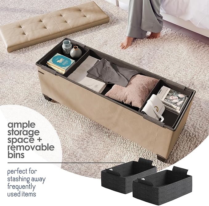 Storage Ottoman Bench with Bins, 43-in Storage Bench for Bedroom End of Bed, Folding Foot Rest Ottoman for Living Room Max 660lbs, Faux Leather Ottomans, Taupe