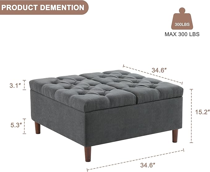 35 Inch Extra Large Storage Ottoman Coffee Table, No Assembly Required, Oversized Square Ottoman with Storage, Tufted Upholstered Ottomans Coffee Table for Living Room (Fabric, Dark Grey)