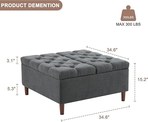 35 Inch Extra Large Storage Ottoman Coffee Table, No Assembly Required, Oversized Square Ottoman with Storage, Tufted Upholstered Ottomans Coffee Table for Living Room (Fabric, Dark Grey)