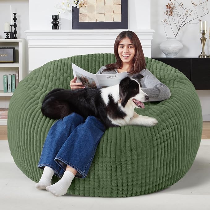 Homguava 5 FT Bean Bag Chair,5' Big Bean Bag,Giant Bean Bag Chairs for Adults with Memory Foam Filled,Comfy Large Beanbag Chairs Soft Bean Bag Sofa with Dutch Corded Plush Cover-Green
