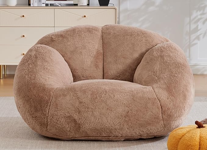 3.28 Feet Bean Bag Chair for Adults, Shell-Shaped Bean Bag Lazy Couch, Faux Fur Cloud Sofa Chair, Lounge Floor Sofa with Filler for Reading, Gaming & Watching, No Assembly Required (Camel)