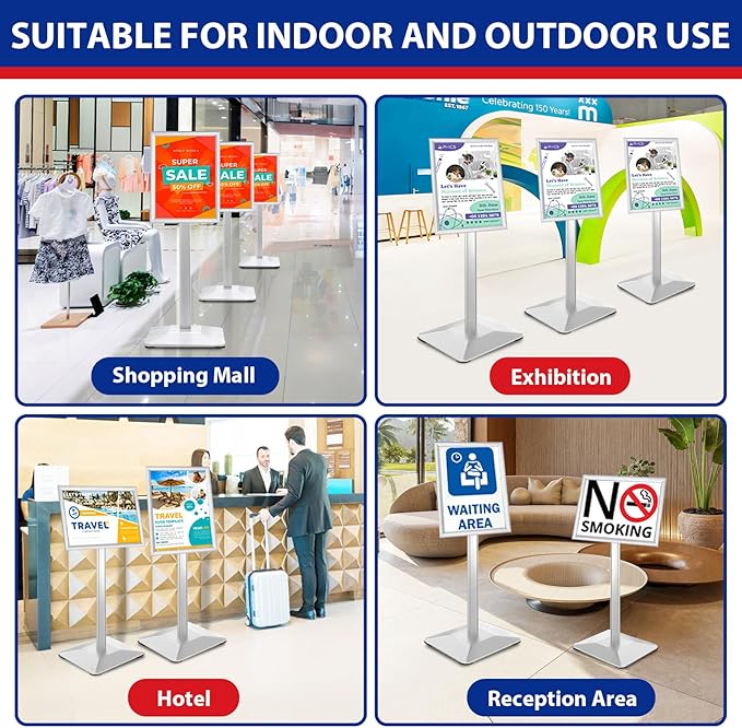 VAIIGO Pedestal Sign Holder 11x17inch Adjustable Floor Stand With Heavy Base & Snap Frame Display for Indoor Outdoor Business Store Poster (Silver)