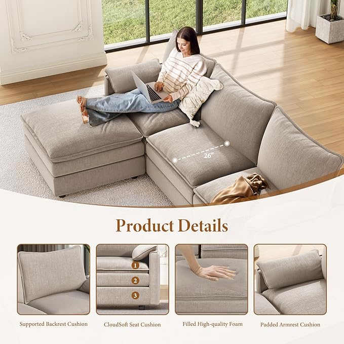 Vesgantti 108" Sectional Sleeper Sofa, 6-Seater Modular Cloud Couch with Flexible Ottomans, Chenille Large Sofa Bed Convertible Deep Seat Couches for Living Room, Bedroom and Apartment, Light Brown