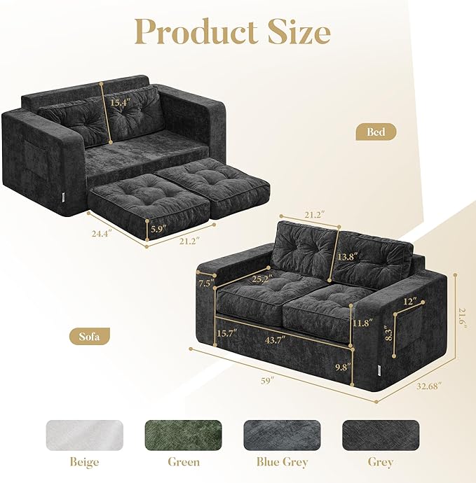 Hobestluk Sofa Couch Loveseat Sofa with Chenille Fabric 2-Seater Sofa for Small Spaces Comfortable Foam Floor Sofa 2 in 1 Boneless Couch for Living Room Bedroom Apartment or Office (Grey, Loveseat)