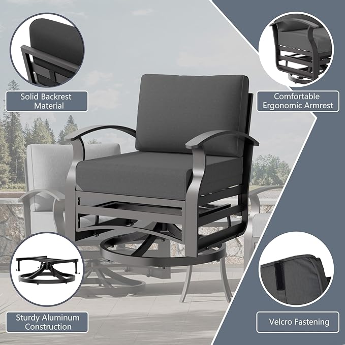 RTDTD Aluminum Outdoor Patio Furniture Set,5 Pieces 7 Seats Patio Conversation Sets with 2 Swivel Rocking Chairs,Metal Patio Sectional Furniture Set with 5.1" Thickened Cushions,Black