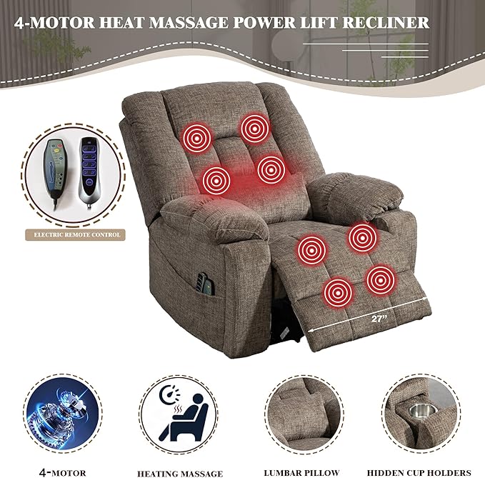 27in Extra Wide Recliner Chair for Big Man 400lbs, 4-Motor Power Lift Recliner Chair with Heat and Vibaration Massage, Overstuffed Lay Flat Recliner with Hidden Cup Holder for Elderly