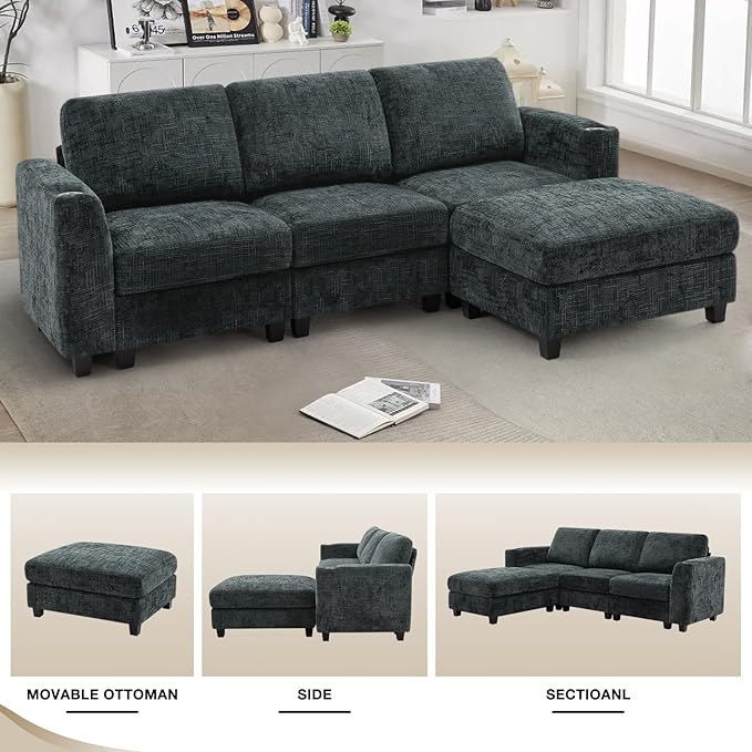 Lesofair 87" Chenille Sectional Sofa with Movable Ottomans, Modular L-Shape Couch with Cup Holders, Convertible 3 Seater Sofa with Well-Filled Backrest Cushions for Living Room, House, Grey