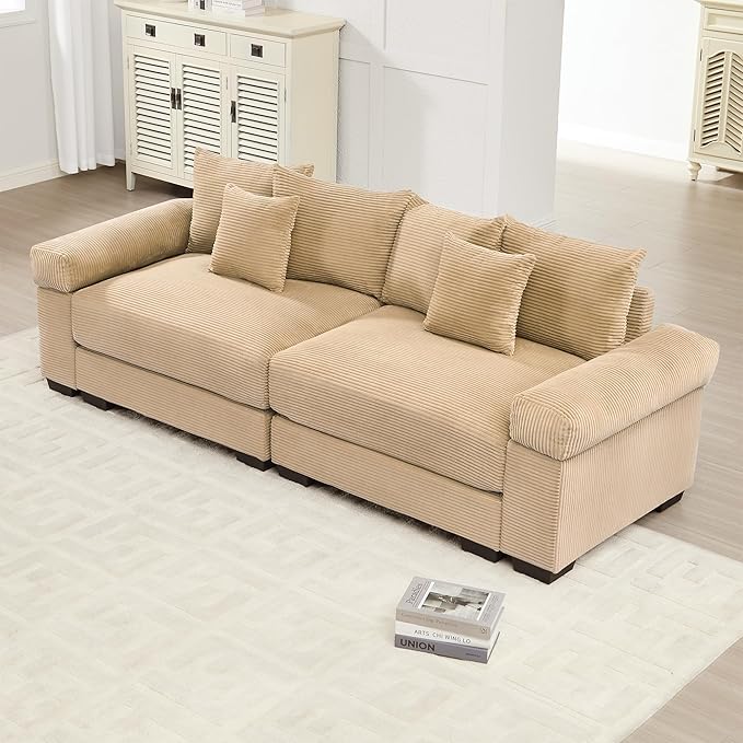 KEIKI 83" Oversized Corduroy Modular Sectional Loveseat Sofa with High-Density Foam Cushions, Extra-Thick Armrest, Upholstered Modern 2-Seater Fluffy Corner Couch with 6 Pillow, for Living Room, Camel