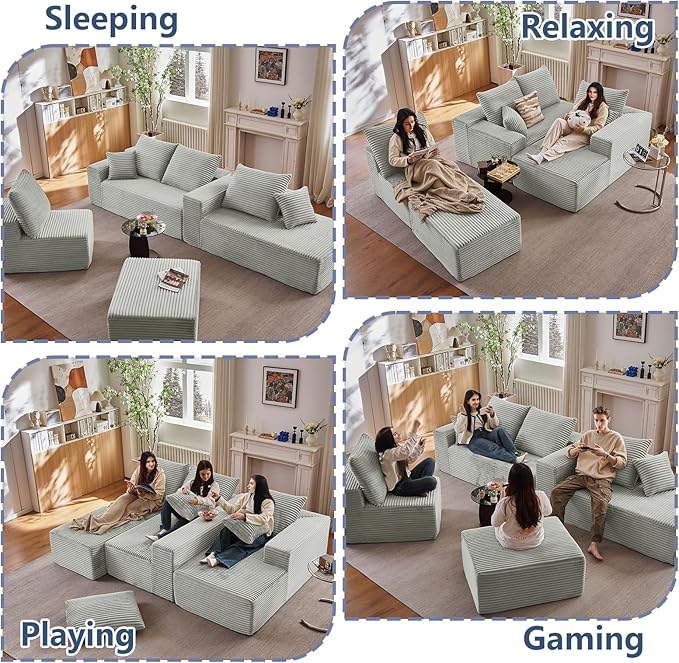 135.4" Cloud Sectional Couch with Ottoman,Modern U-Shaped Cloud Couch with Deep Seat,Comfy Corduroy 4-Seater Sofa,Memory Foam Sofa for Living Room,No Assembly (Gray,Right-Facing Chaise)