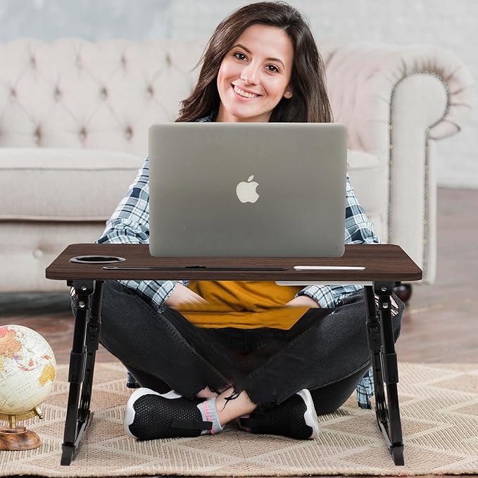 DECOSIS Laptop Desk for Bed Height Adjustable, Lap Bed Table with USB/Storage Drawer/Cup Holder/Tablet Stand/Book Shelf, Foldable Breakfast Tray Portable for Reading Writing, Sofa & Floor, Walnut