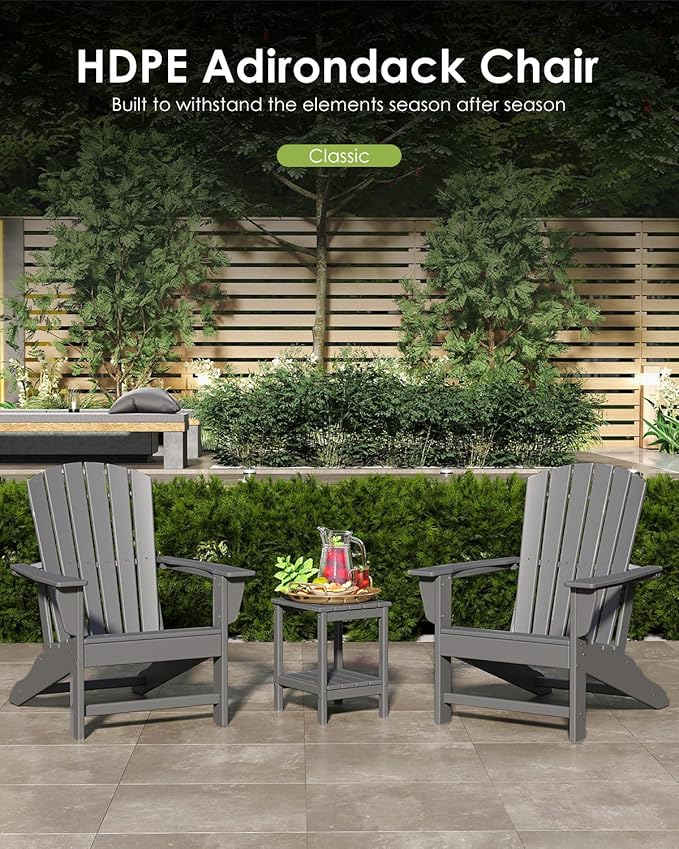 GREENVINES Adirondack Chair | HDPE Plastic | Oversized Fire Pit Chairs | All Weather | Grey | Poly Lumber | for Outdoor Deck Backyard Patio Garden