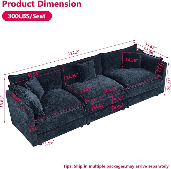 Aoowow Modular Sectional Sofa,112.2 Inch Deep 3-Seater Sofas Comfy Chenille Cloud Sofas and Couches with Pillows for Living Room Apartment（Blue）