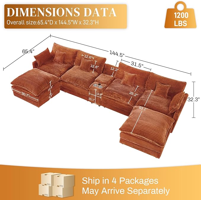 HYJT-H&K 145" U Shaped Cloud Couch Modular Orange Sectional Couches for Living Room, Comfy Fluffy Corduroy Oversized Cloud Sectional Couch Large 6 Seat Sectionals Sofa Set Central Console USB Port