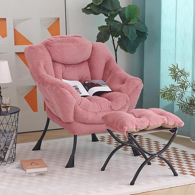 Tiita Lazy Chair with Ottoman, Pink Chair Modern Large Accent Lounge Armchair, Comfy Leisure Sofa Reading Chair with Footrest for Bedroom, Living Room, Dorm Rooms, Garden, Plush Dark Pink