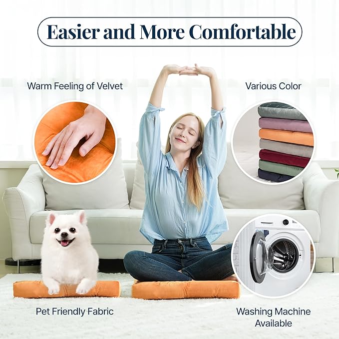 Velvet Floor Pillow Set of 2, Square Large Pillows Seating for Adults, Tufted Cushions for Meditation, Yoga, Tatami, Living Room, Chair, Machine-Washable & Dryer-Safe, Orange, 22x22 Inch