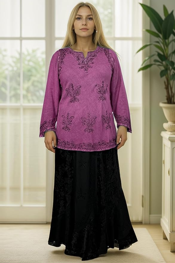 Agan Traders 2025 Winter Long Sleeve Diamond Neck Embroidered Tops - Medieval Boho Vintage Tunic Kurta Blouses for Women