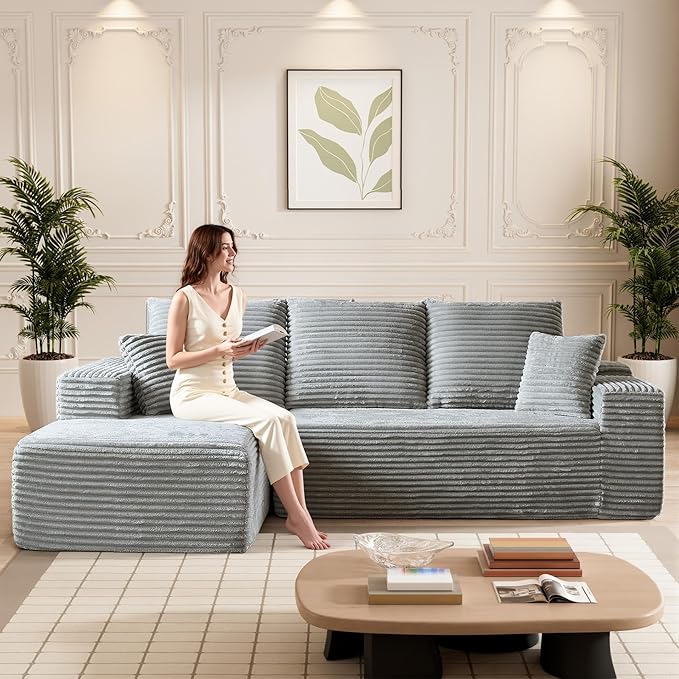 HYJT-H&K Modular Sectional Sofa Cloud Couch, 107" Comfy L Shaped Sectional Couches for Living Room, Deep Seat Memory Foam Plush Fluffy Corduroy Boneless Couch Sectionals Left Facing Sofa Chaise Grey