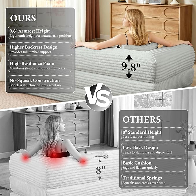 Chorlenimi Boneless Couch Futon Sofa Bed Sectional Couches for Living Room,Cloud Couch with Sleeper Sofa,Sofas for Living Room Oversized Corduroy Upholstered (Light Grey, 76 Inches (No Iron Frame))