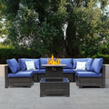 3D MATRIX 8 Pieces Patio Furniture Set with 28" Fire Pit Table, Wicker Outdoor Sectional Couch, Rattan Conversation Set for Backyard, Deck, Garden Lawn, Brown/Blue